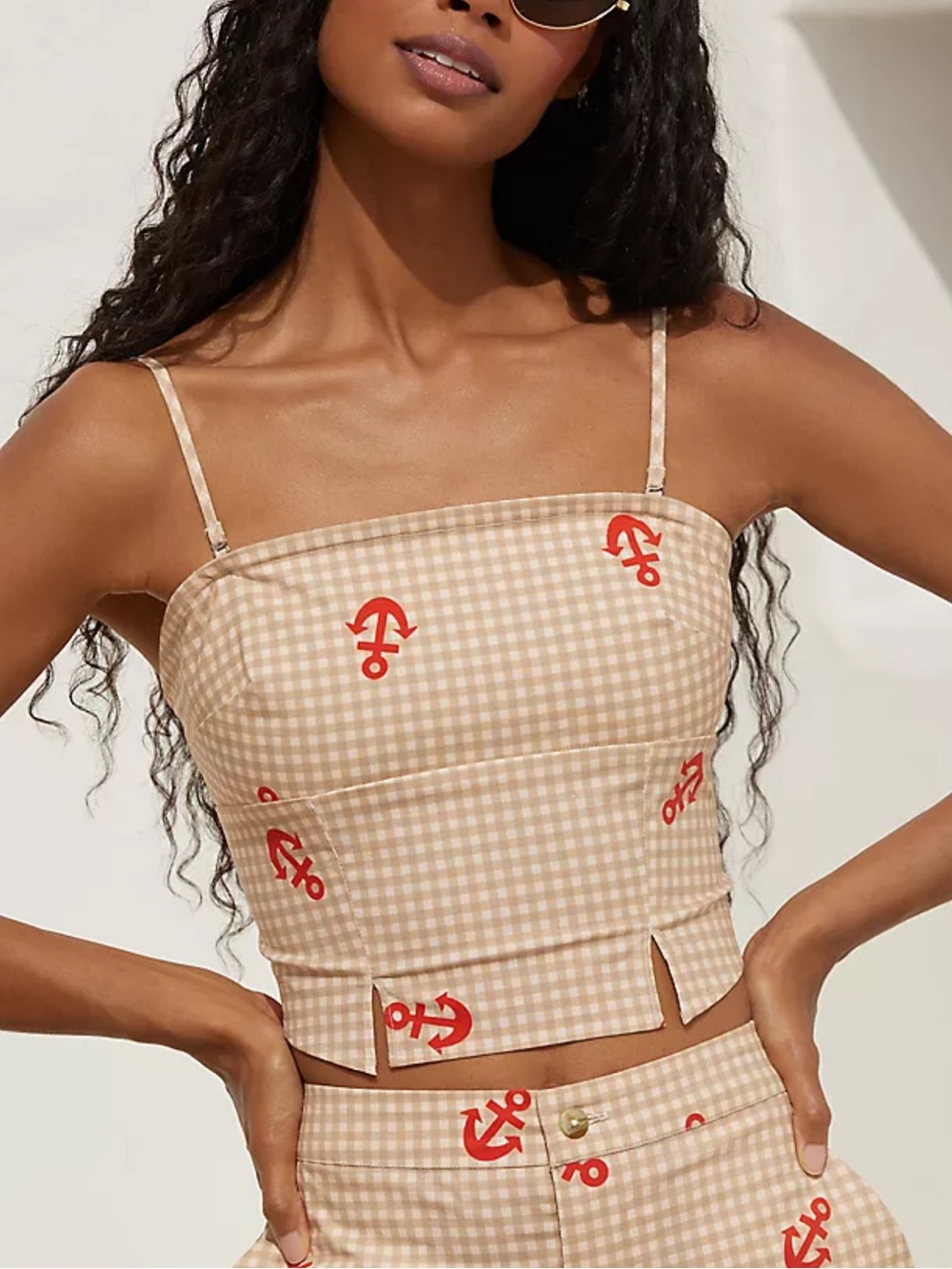 Nwt celandine Beige Gingham Anchor Print Spaghetti Strap Crop Top